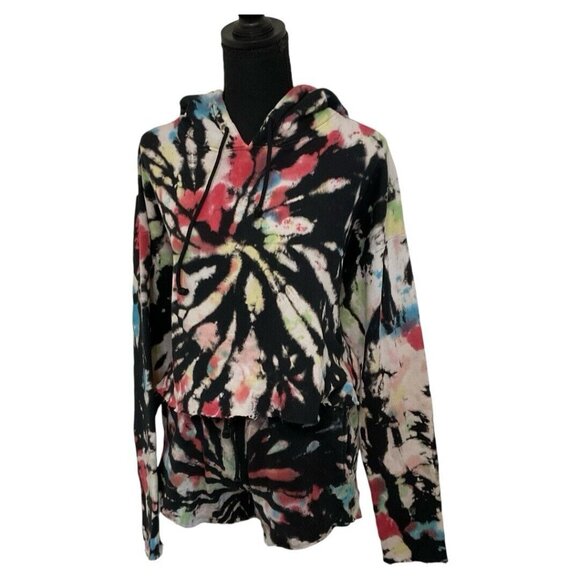 Wesley Set Black Multicolor tie dye Crop Top hoodie shorts bundle XS Sweater Gym - Picture 1 of 16